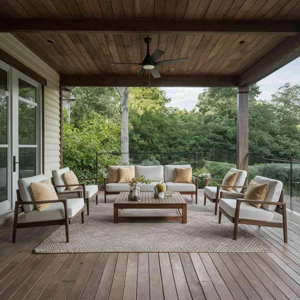 Covered wood deck patio designed by Patios Dallas with outdoor seating, ceiling fan, and natural backyard view in Dallas TX