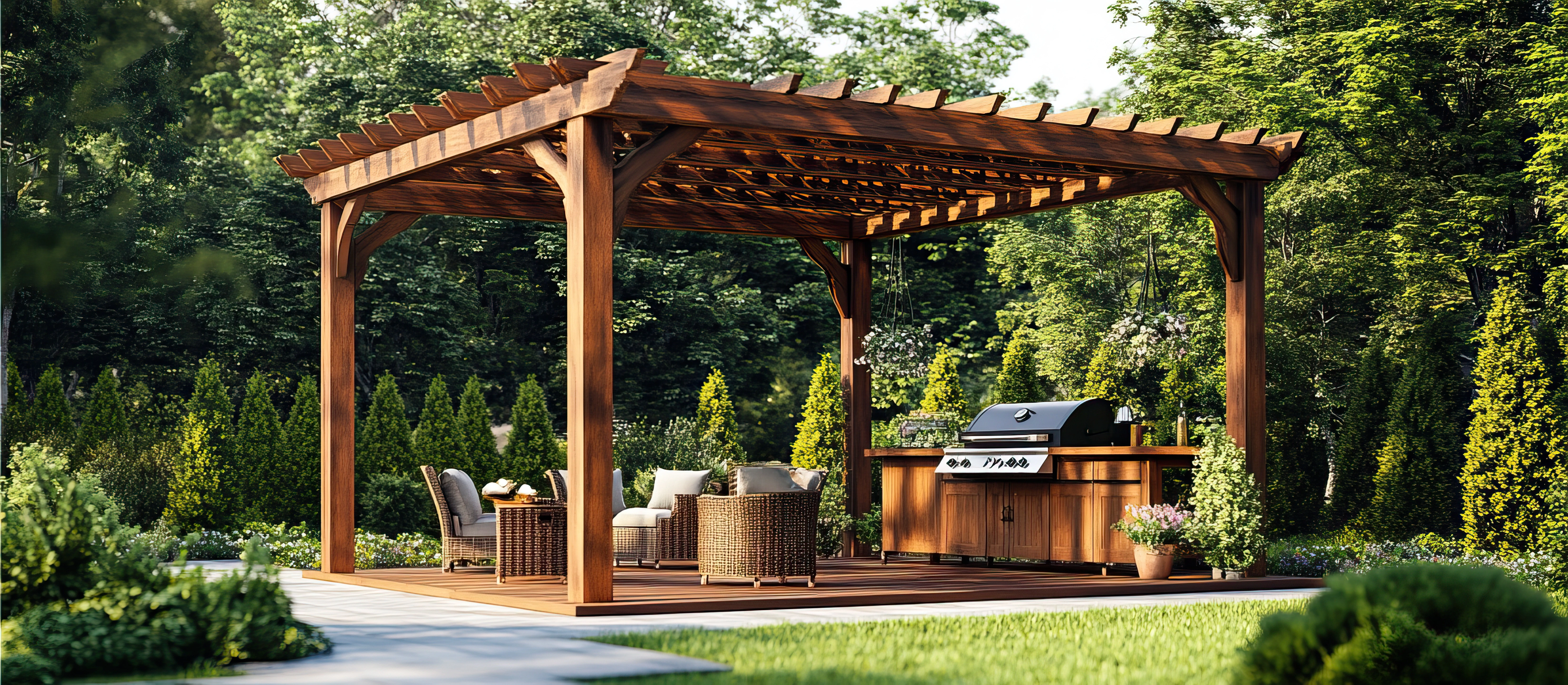Custom outdoor living pergola with built-in grill and seating designed by Patios Dallas in a landscaped backyard